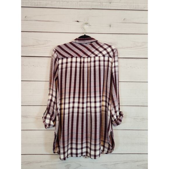 Cato Womens Red White Plaid Flannel Roll Tab Sleeve Button Down Shirt Size Large - Picture 2 of 6